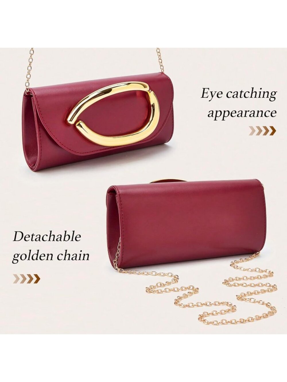 Women's Burgundy Metal Handle Bag Evening Clutch Purse Detachable Chain Strap - Picture 5 of 7